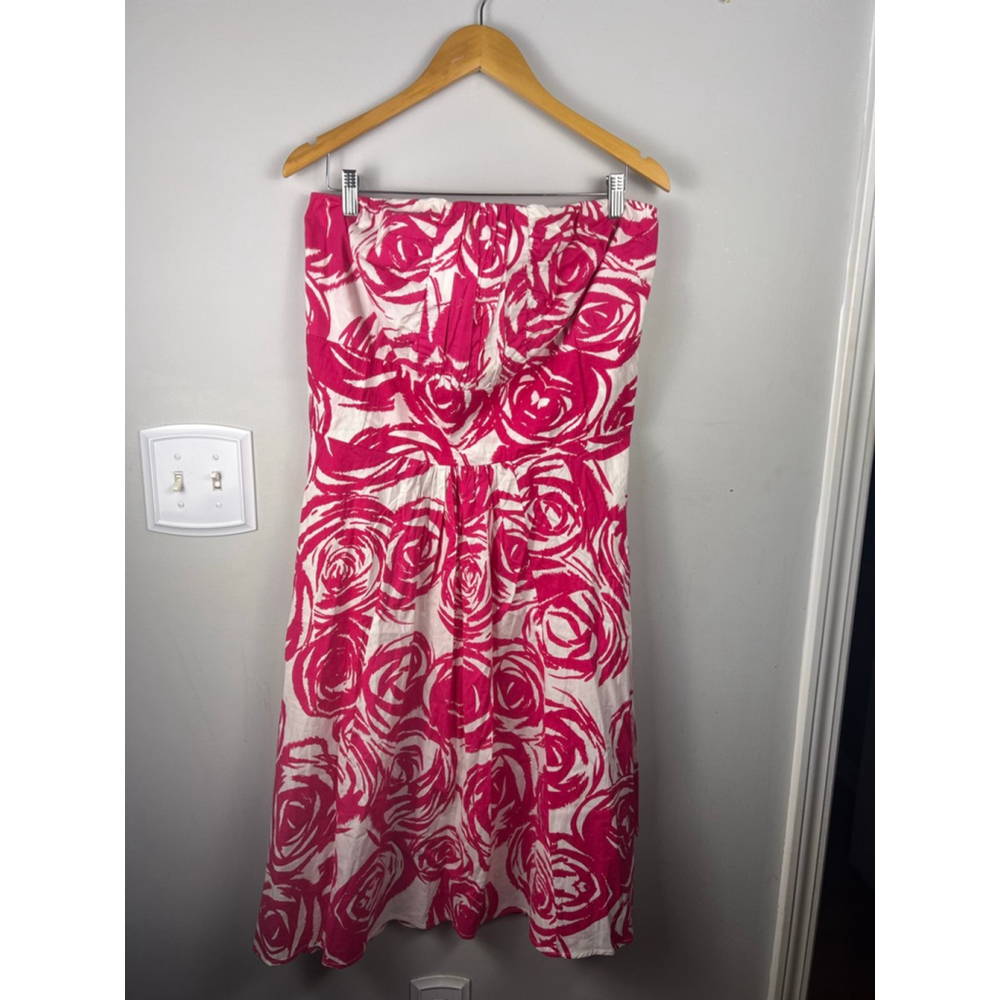 Ashley Stewart Strapless Pink & White Rose Print Dress